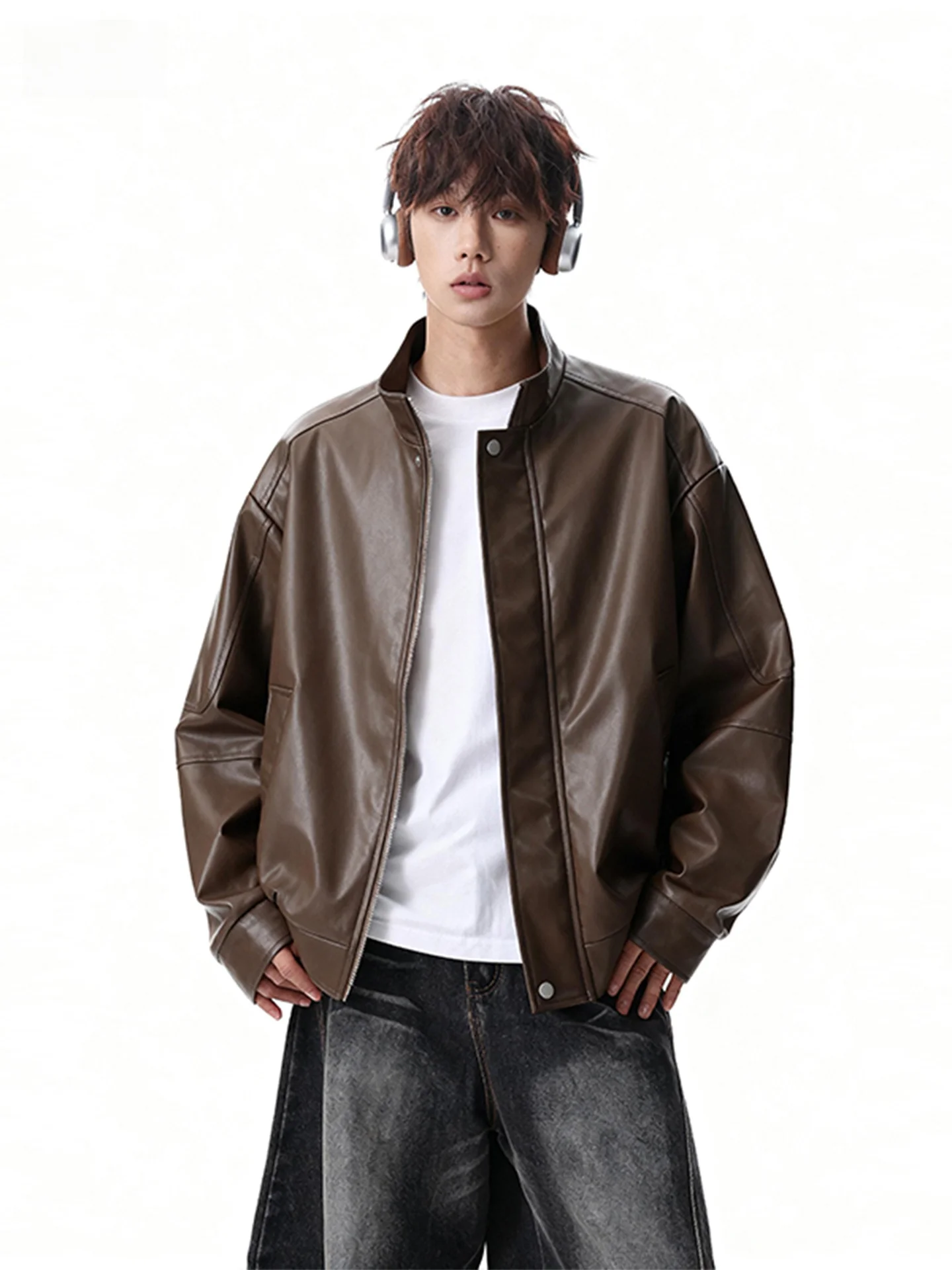 

Мужская куртка из искусственной кожи American Sle, однотонная, коричневая, для работы, универсальная, весенняя, модная, повседневная, свободного кроя