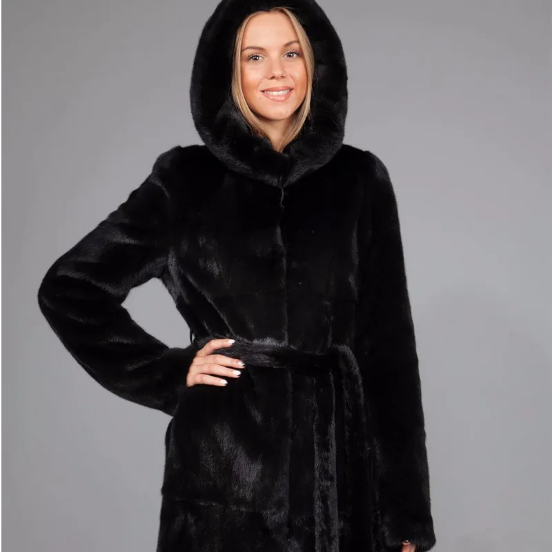 European and American Foreign Trade Imitation Fur Coat Mink Coat Women's Clothing Medium and Long Black Belt Thermal Imitation