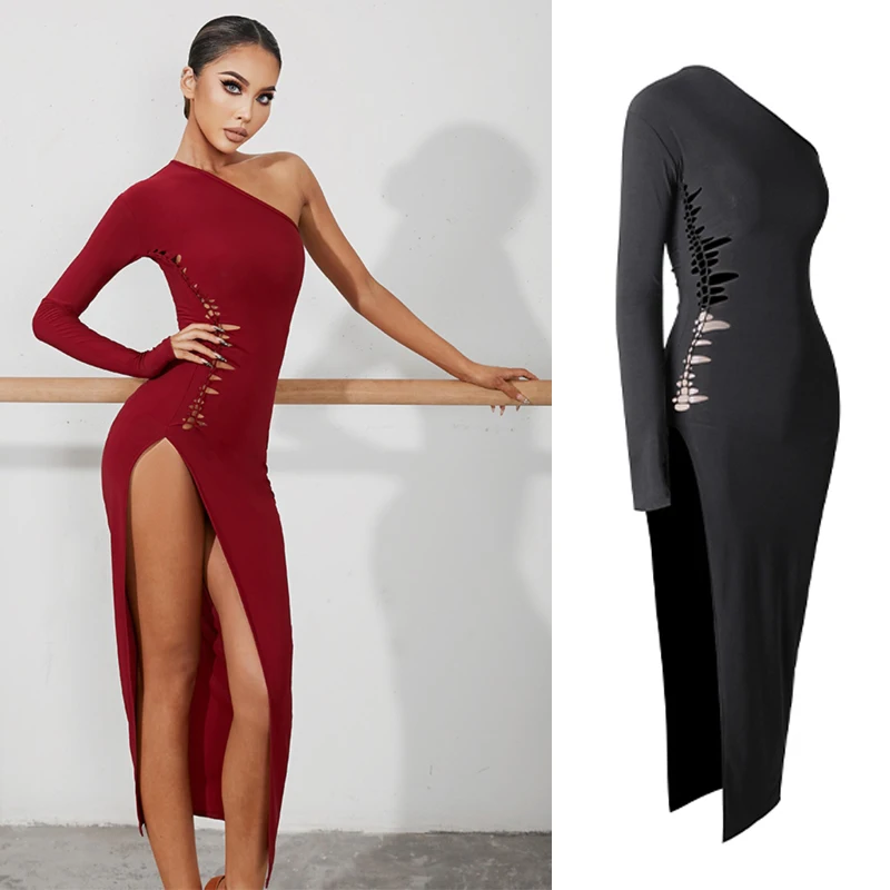 Một Tay Nhảy Latin Đầm Sexy Cutout Xẻ Đỏ Đen La Tinh Thi Đầm Vũ Điệu Tango Trình Diễn Trang Phục DNV16969