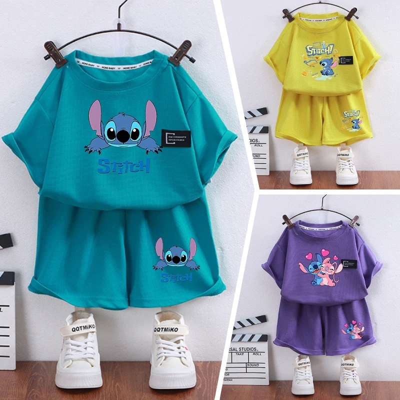 

Stitch Disney Children's Short Sleeved Set Boys Girls Anime Cartoon Short Sleeved Printed Tops Summer Cute Round Neck Clothes