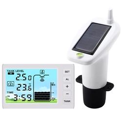 Solar Powered Ultrasonic Level Gauge Digital LCD Indoor Water Liquid Tank Depth Temperature Monitor Alarm Clock 100M Sensor -40℃