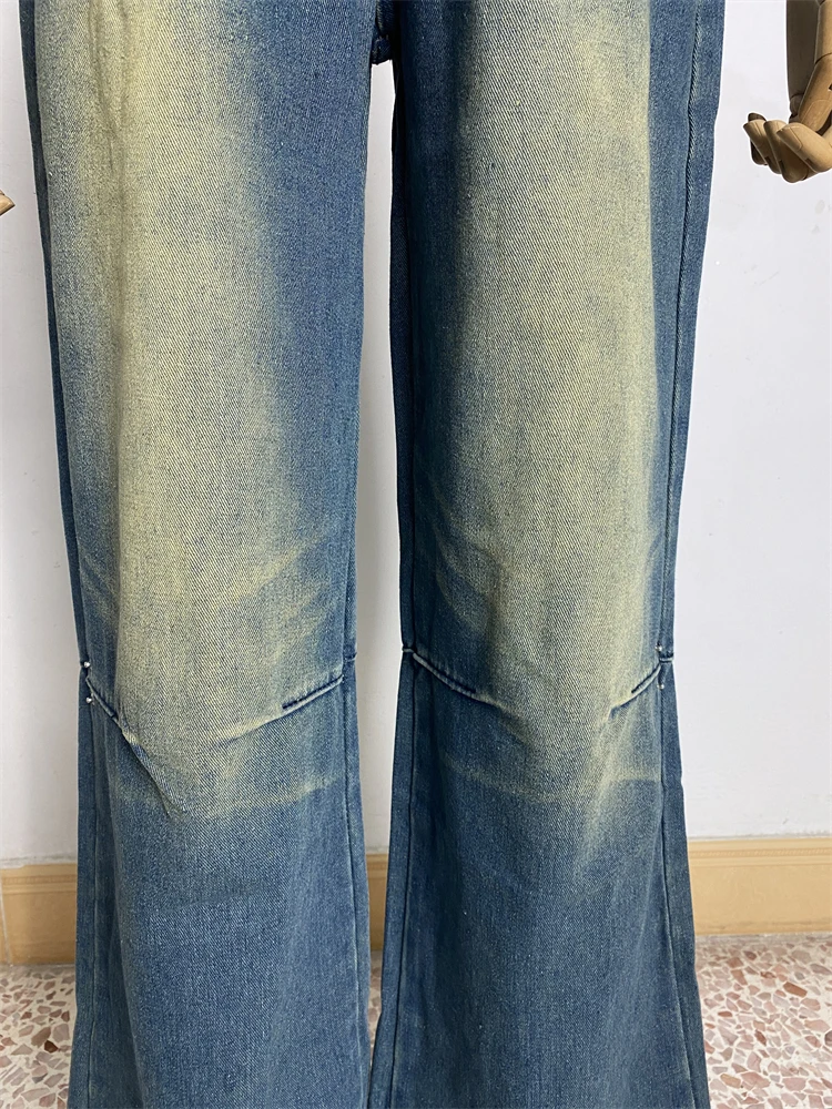 المرأة خمر الأزرق القديم عالية الخصر واسعة الساق للجنسين الجينز فتاة باردة الشارع الشهير سراويل أنيقة الإناث تصميم مستقيم بنطلون