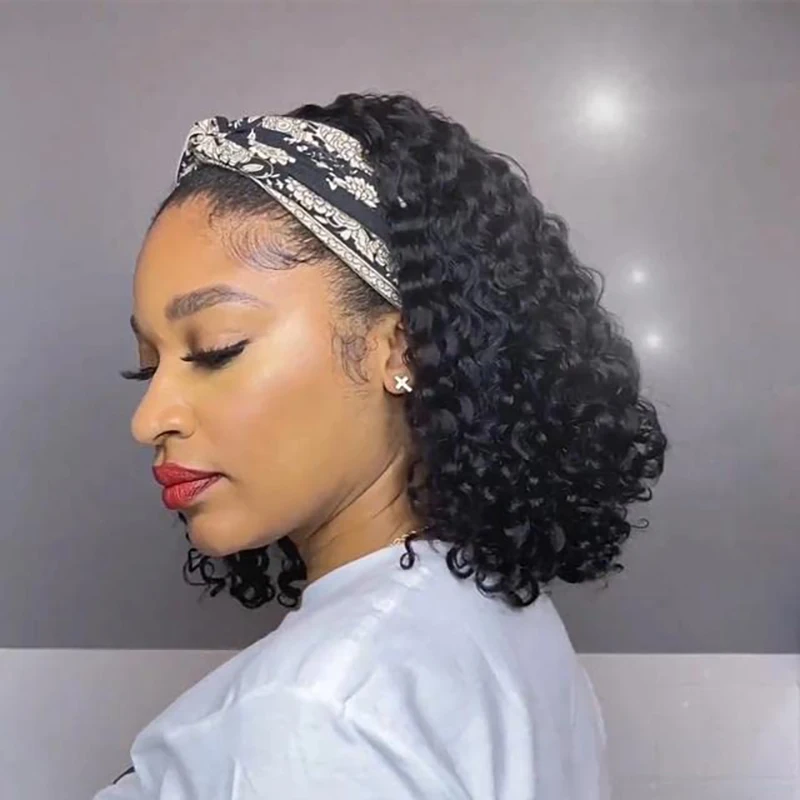 

Kinky Curly Headband Bob Wig Human Hair Short Curly Bob Wig Brazilian Virgin Human Hair Machine Made Headband Wigs 150% Density