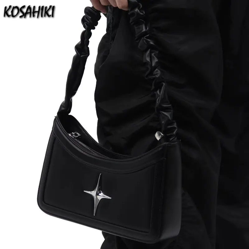 Vintage Pleated Star Black Women\'s Handbags Fashion Simple Trendy Shoulder Crossbody Bag Korean Y2k Girls Casual Top-Handle Bags