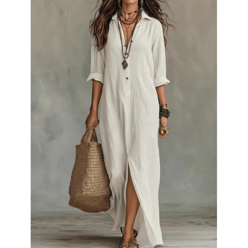 New Front Button Bohemian Shirt And Floor Length Skirt