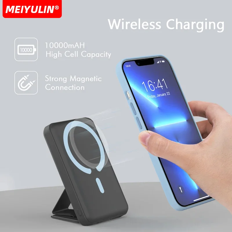 

10000mAh Wireless Magnetic Power Bank Fast Charger USB C Powerbank With Foldable Stand External Spare Battery For iPhone Xiaomi