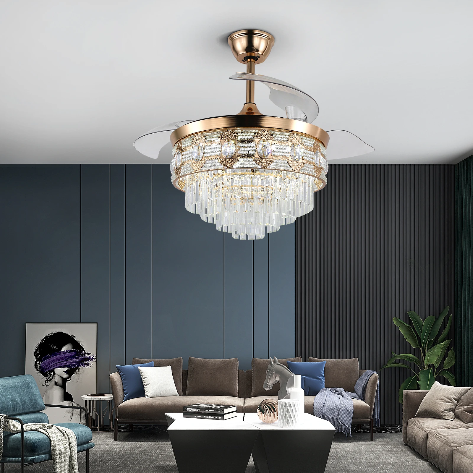 Modern Smart Ceiling Fan Chandelier Gold RC Adjustable 6 Speed Pendant Light Luminaire Bedroom 3 Heads Led Fandelier Lamp Indoor