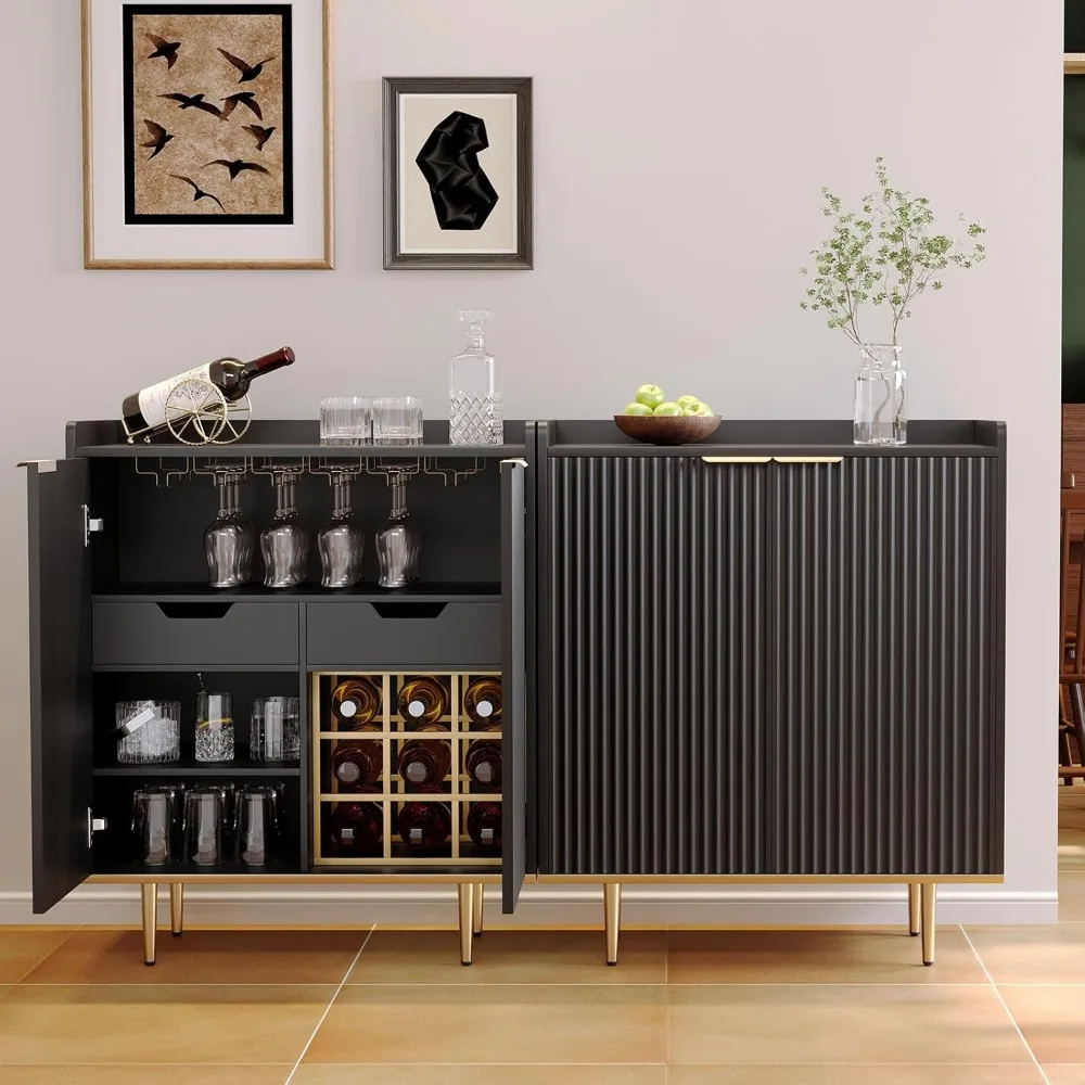 Fluted 2 Door Bar Cabinet with Drawers & Shelf – Stylish Coffee Bar Buffet Cabinet for Your Home