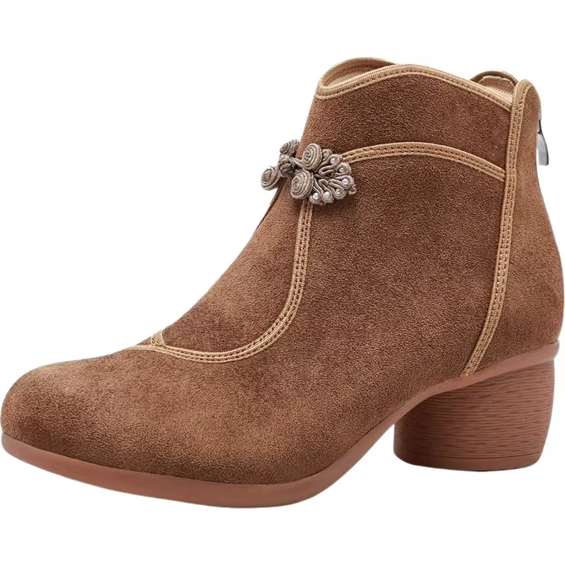 

Женские осенне-зимние новые ботинки из натуральной кожи на блочном каблуке, короткие плюшевые теплые ботильоны с круглым носком в этническом стиле на молнии, хлопковые ботинки