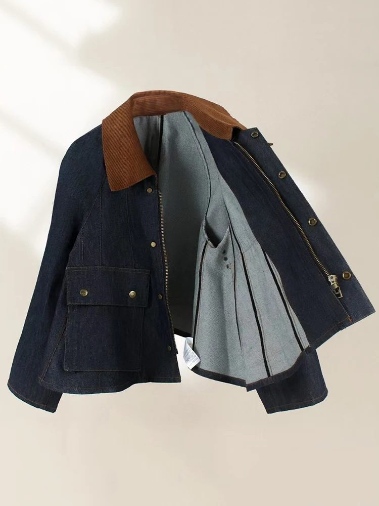 Designer vintage color contrast lapel single-breasted denim Jacket 2024 Fall women\'s new fashion all-match loose jacket
