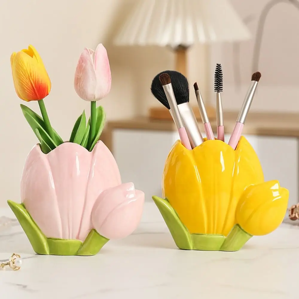 Cute Tulip Flower Pen Holder Retro Aesthetic Makeup Brush Storage Bucket Ceramic Large Capacity Stationery Shelf School Supplies