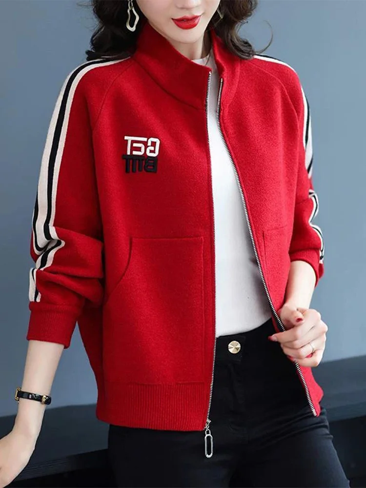 Middle-Aged Women's Knitted Open Cardigan Loose Fit Spring Autumn Red Top Baseball Sweater Fashionable Mom Clothes Commute Style