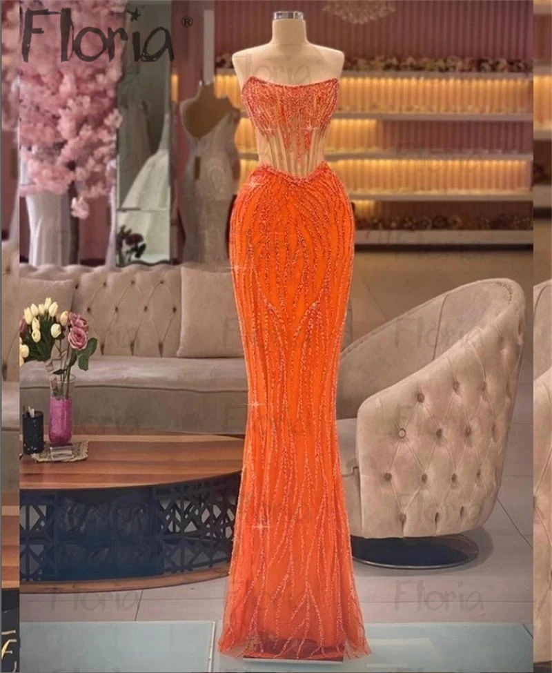 Luxury Orange Mermaid Evening Dress Sleeveless Beading Dubai Wedding Occasion Dress 2023 Prom Gowns Robes De Soirée