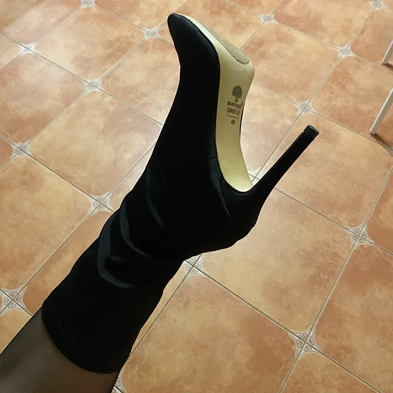 Donne 7.5cm 10cm tacchi alti stivali termici invernali tacchi bassi verdi stivaletti in seta elasticizzata Lady scarpe da festa Sexy con punta a