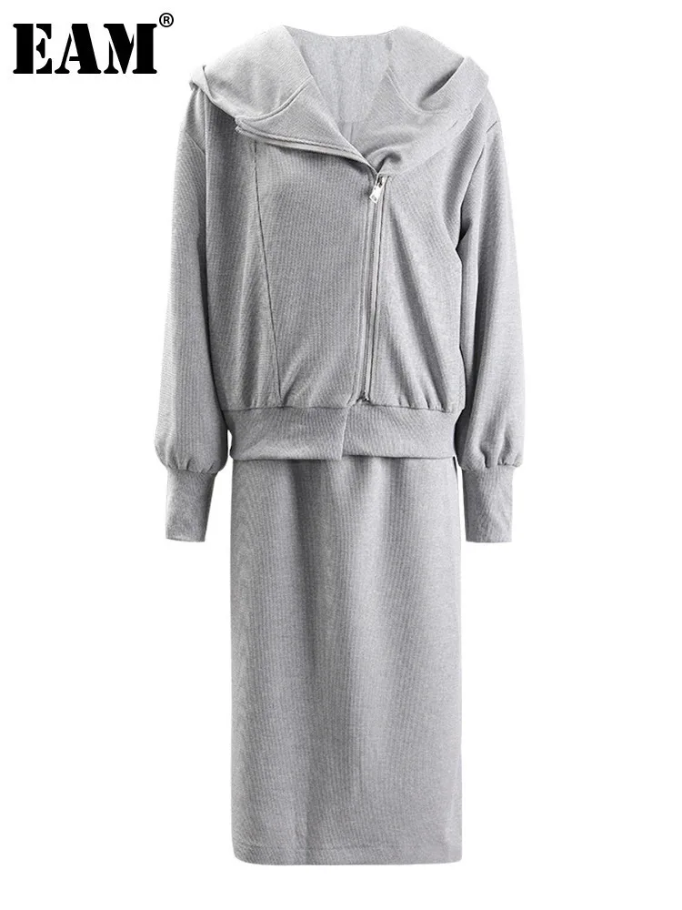 

[EAM] Big Size Gray Jacket Half-body Skirt Two Pieces Suit New Hooded Long Sleeve Women Fashion Tide Spring Autumn 2024 CPG1299