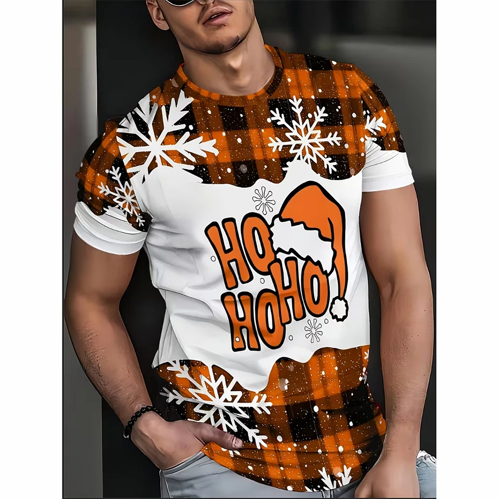 HOHOHO Christmas Snowflake T-shirt For Men Clothes Christmas Hat Print Funny Festival Gift T Shirts Stripe Plaid Design Tee Top