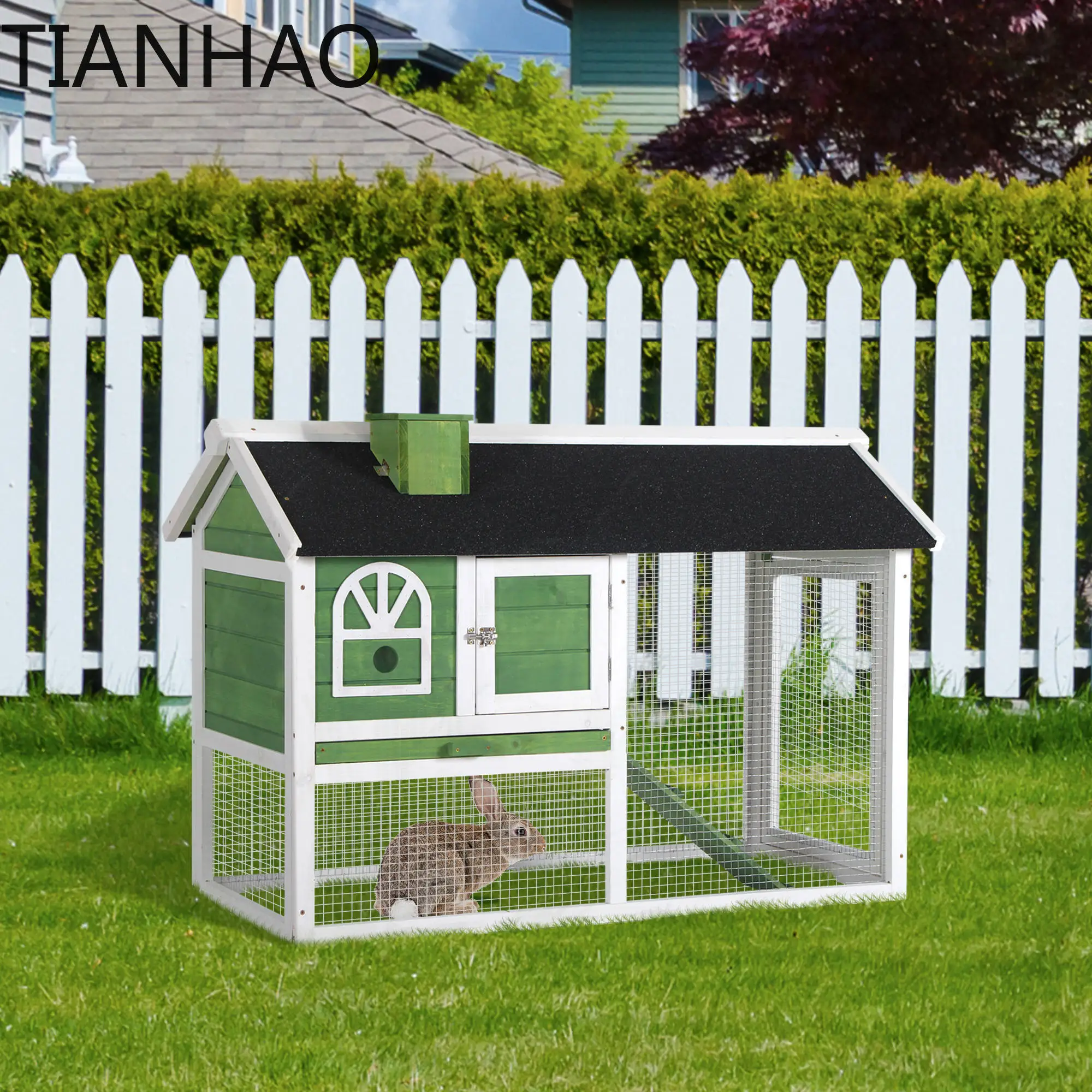 PawHut Rabbit Hutch Wood Bunny Cage for Outdoor Indoor w/ Pull Out Tray Ramp