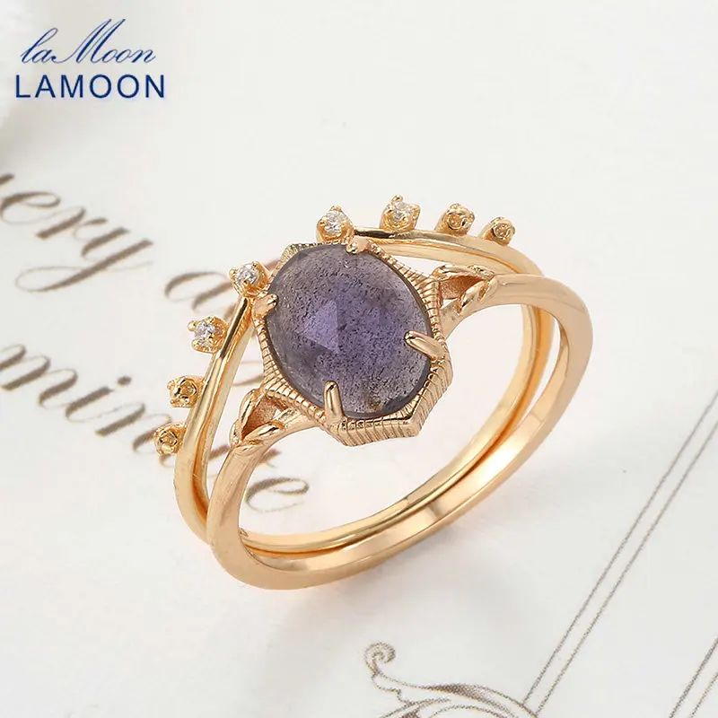 LAMOON Luxury Ring Sets Natrual Gemstone Ring For Women Labradorite Cordierite 925 Sterling Silver Gold Plated Fine Jewelry Gift