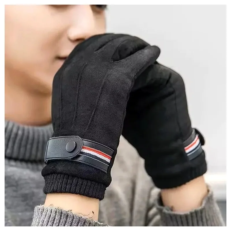 Thickened Touchscreen Soft Winter Warm Split Military Style Buckle Suede-like Fabric Gloves Mitten Outdoor Driving Ski for Men