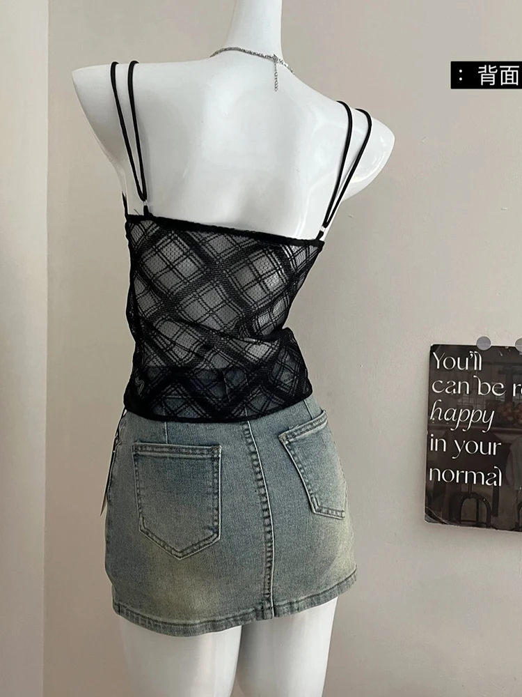 Summer Women Y2k Dark Academia Camisole Vintage Mesh See Through Crop Top Coquette 2000s Aesthetic Gyaru Halter Top Hot Sexy