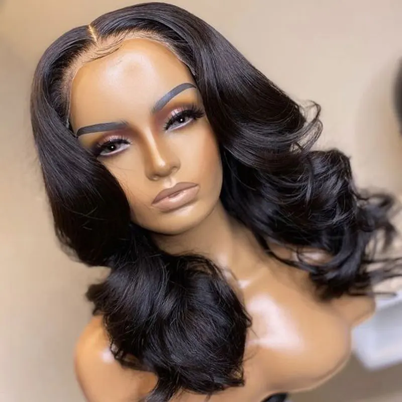 Jet Black Short Body Wave Hair Wig Synthetic Lace Front Wigs High Quality Heat Resistant Fiber Hair Middle Parting For Women Wig