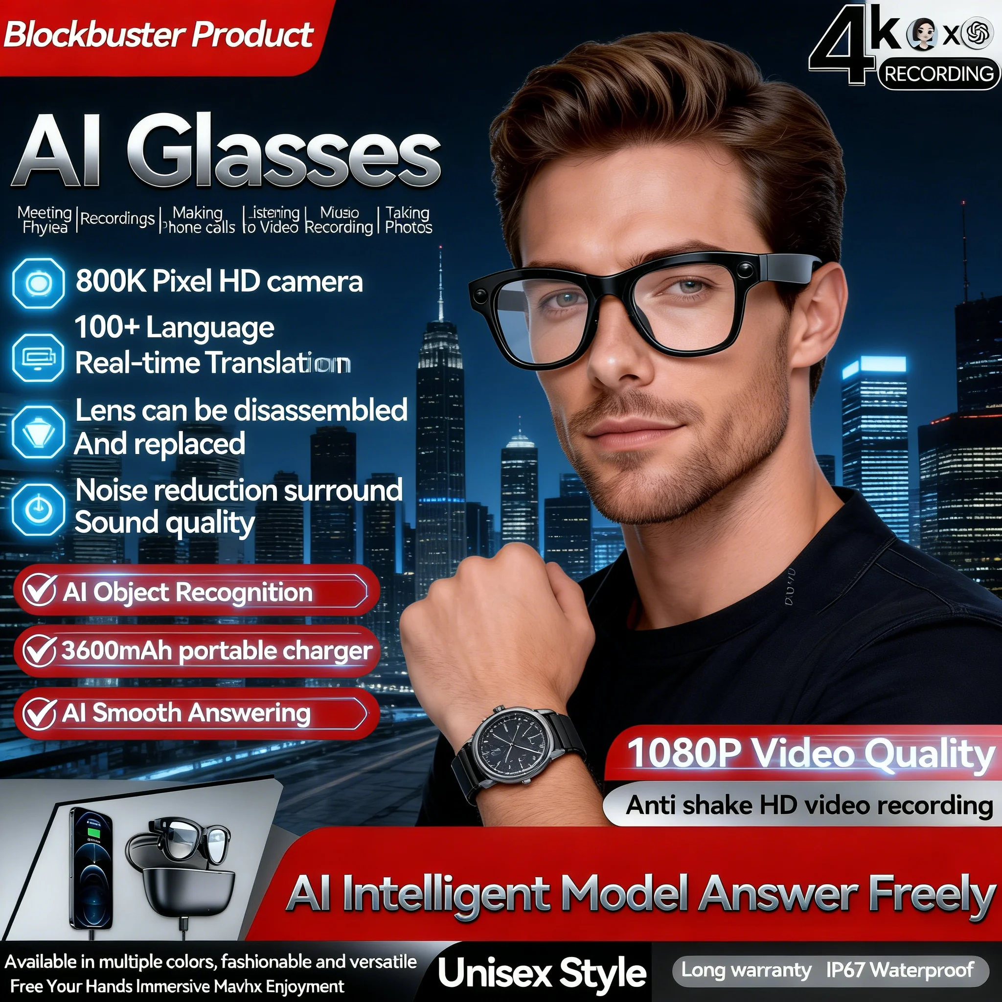 

Умные очки для учебы и путешествий, мужские пиксельные очки 800 Вт, камера 4k Ultra HD 1080P, запись видео, фото, AI, чат, музыкальный вызов, AI-очки 2026