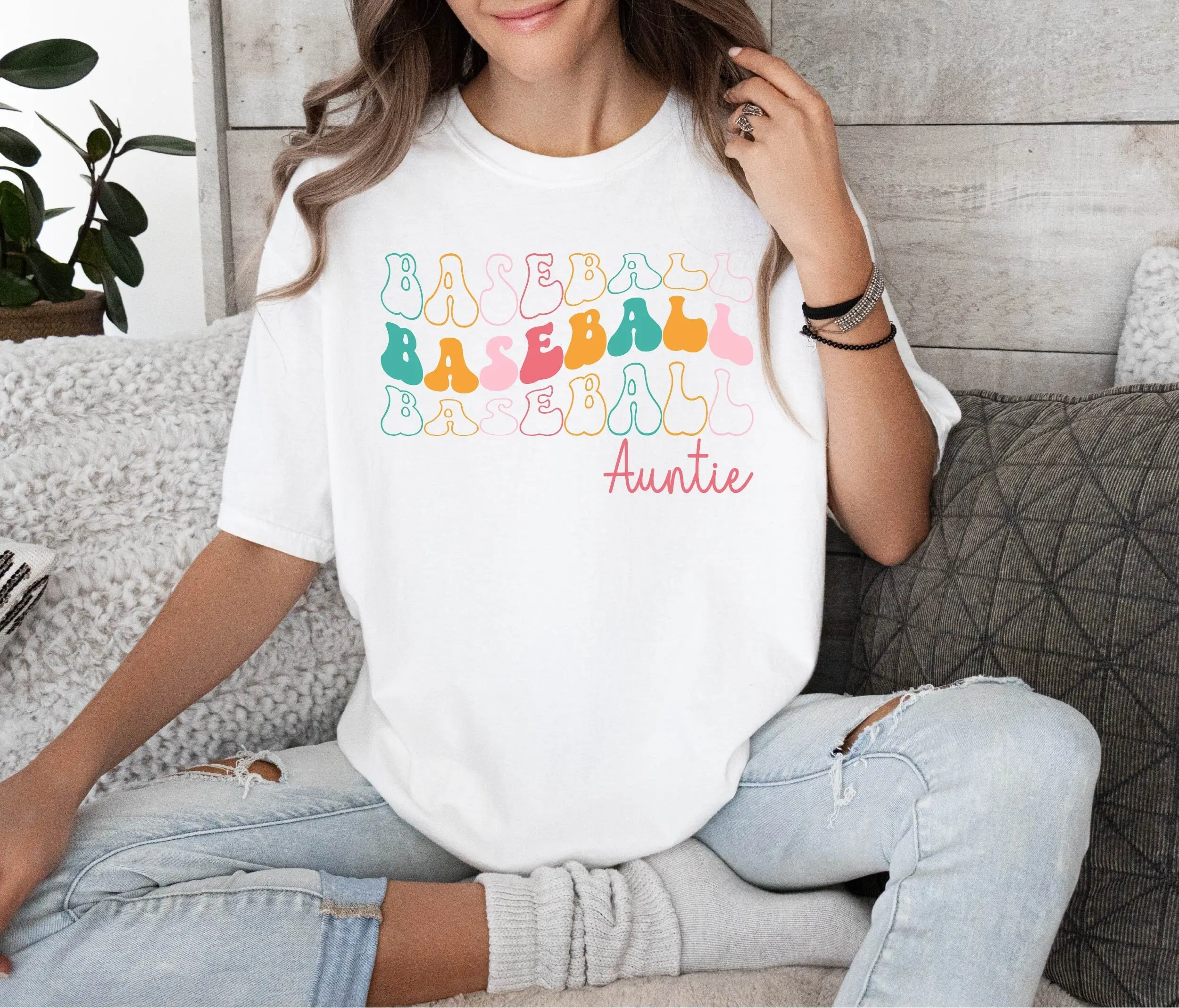 Baseball Auntie T Shirt Groovy Lover Aunt Womens Mother's Day Fans