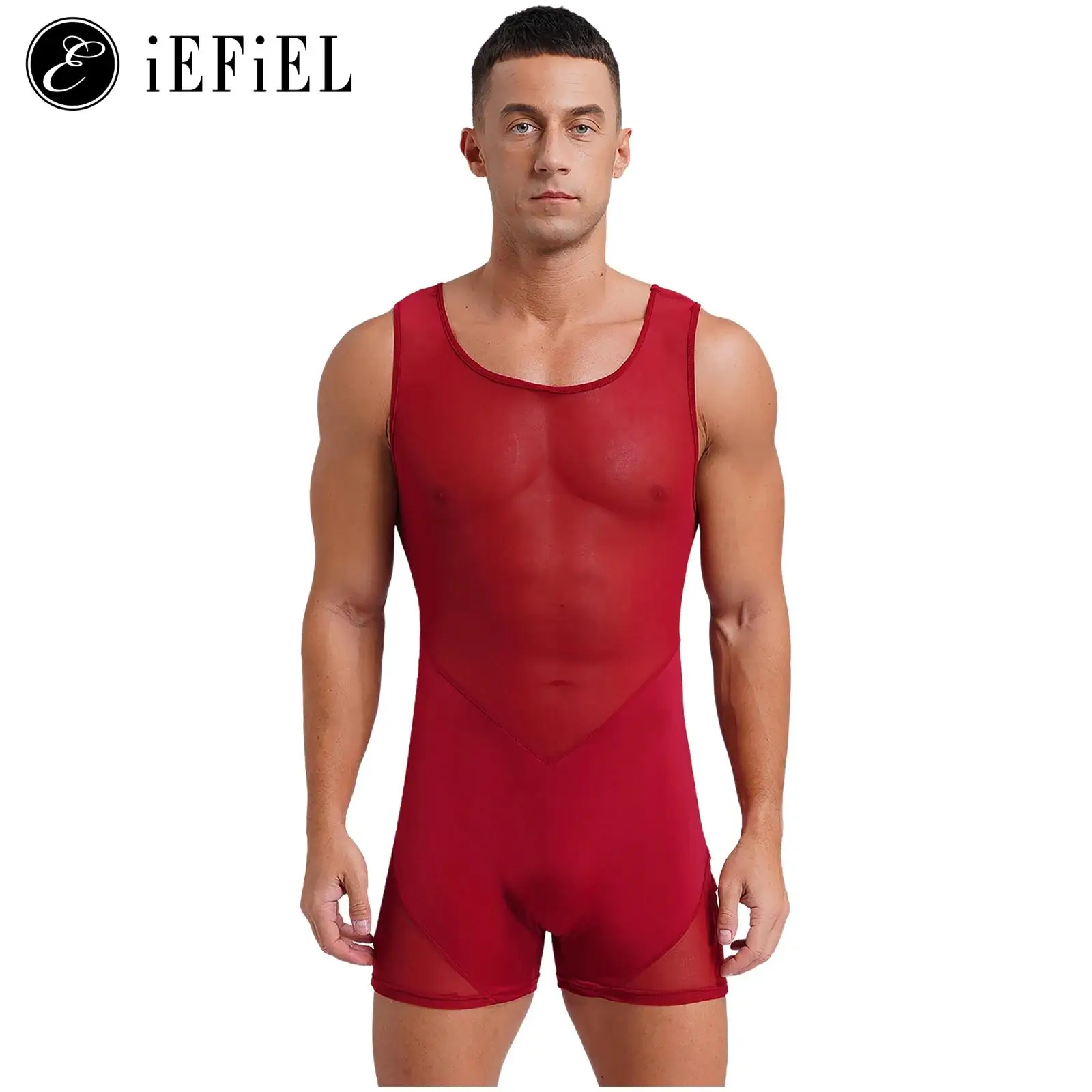 Mens Sheer Mesh Splice One Piece Boyleg Biketard Wrestling Shorty Jumpsuits Gym Workout Fitness Athletic Bodysuits Underwear