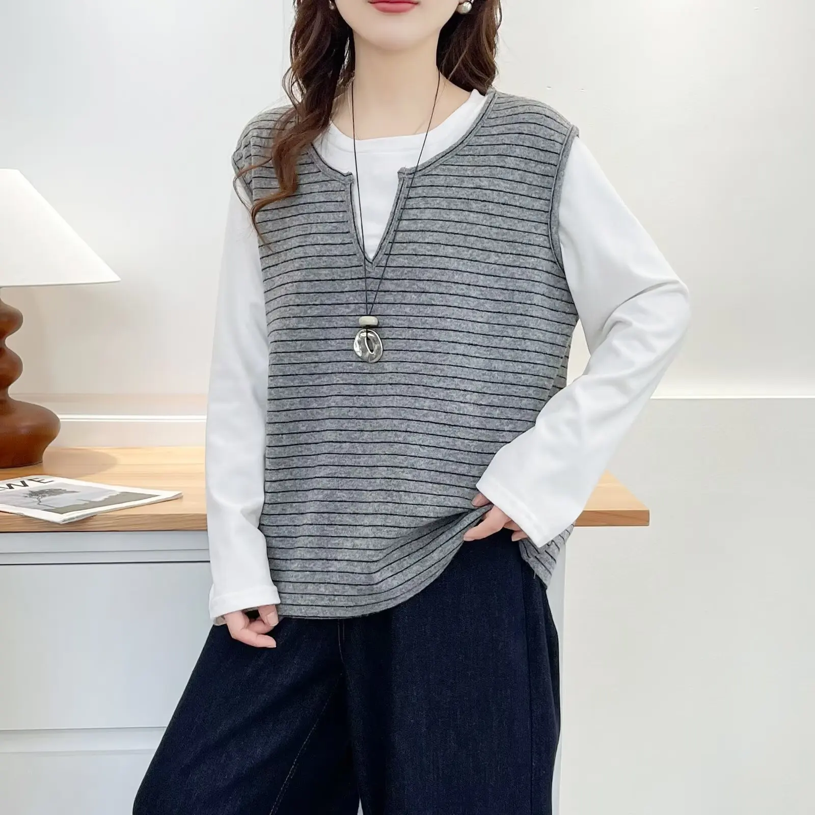 

XXXXL модная женская футболка больших размеров, новый осенний повседневный полосатый лоскутный топ из двух предметов 2542