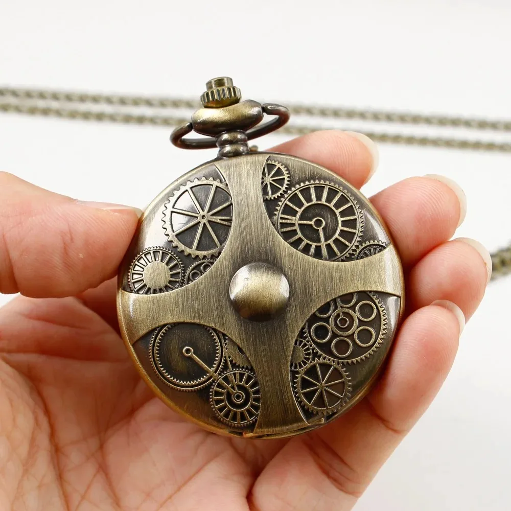 Steampunk ساعات الجيب الكوارتز Relogio فوب الساعات الرجال والعتاد تصميم ساعات الجيب قلادة مع سلسلة قلادة