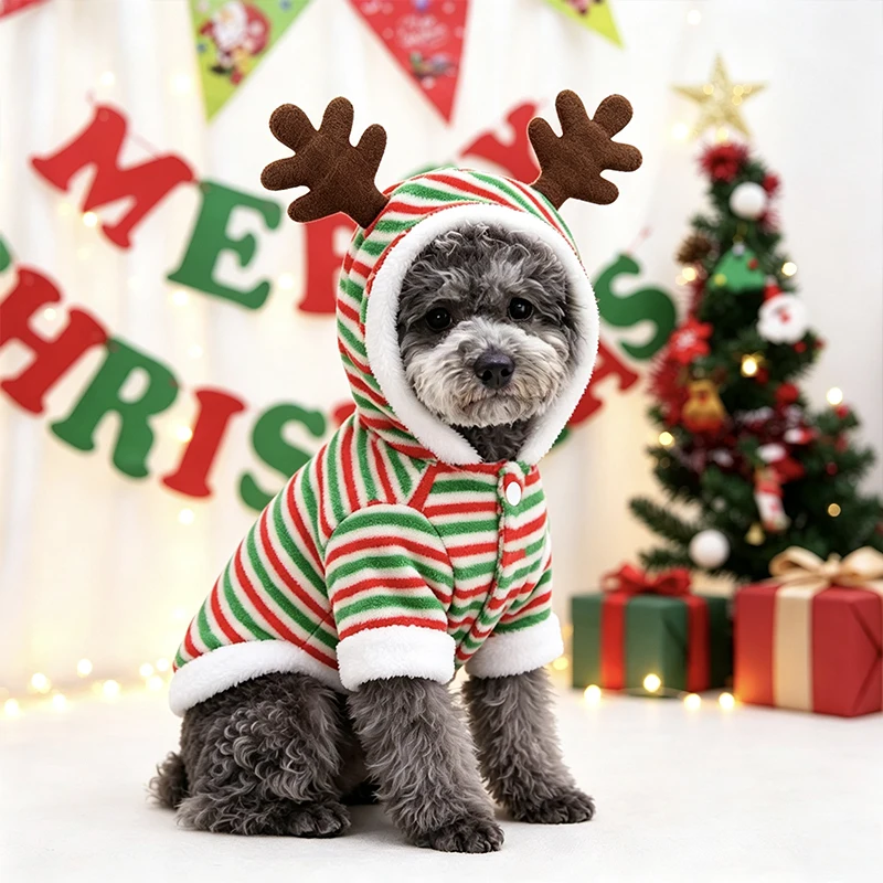 Weihnachts-Rentier-Hundehoodie aus weichem Flanell, warme zweibeinige Haustierkleidung, Weihnachts-Cosplay-Kostüm für kleine Hunde und Katzen – Detail 5