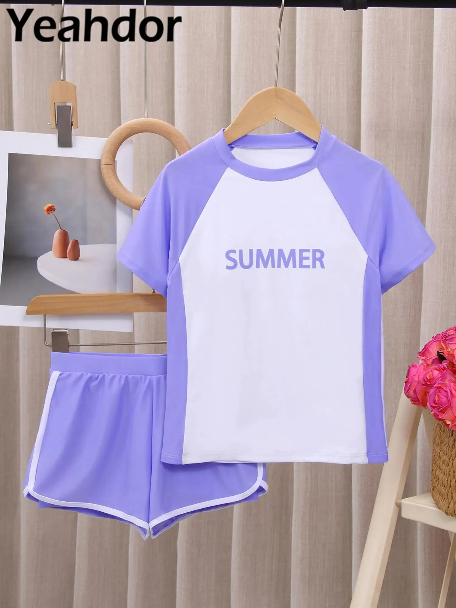 

Kids Girls Rash Guard Swimsuit Color Block Swim Sets Short Sleeve Top with Elastic Waistband Shorts for Swimming Bathing Suit