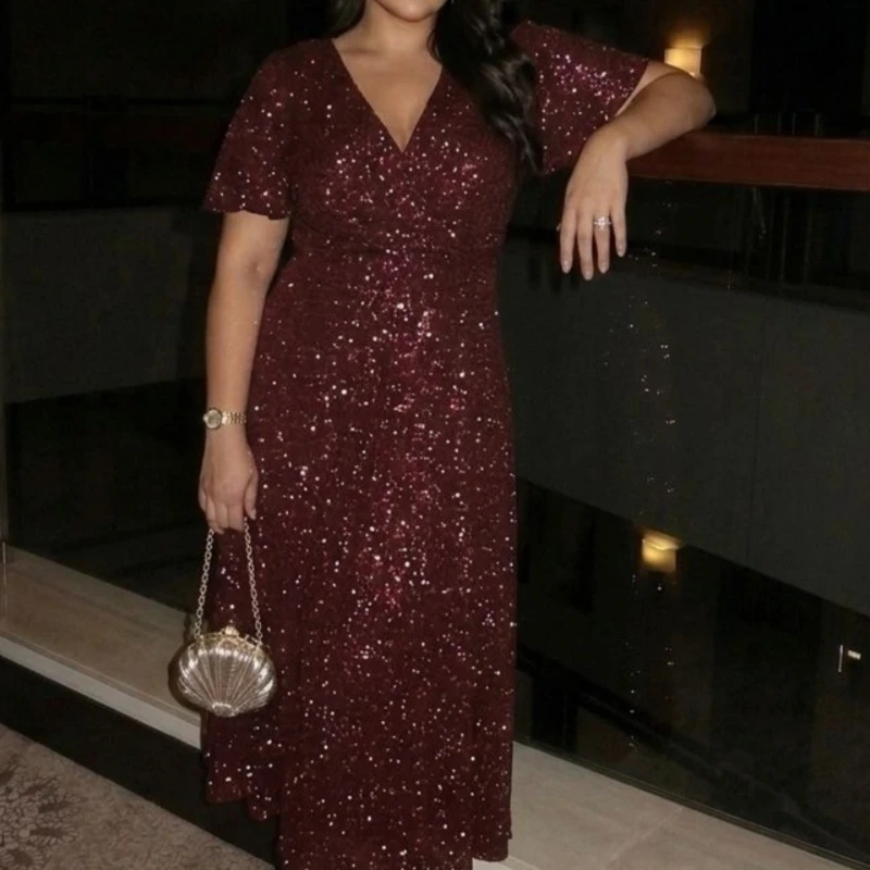 Luxury Women's Summer Plus Size V-Neck Shiny Sequin Long Dress Elegant Short Sleeved Evening Party Maxi Dresses Ladies Gowns