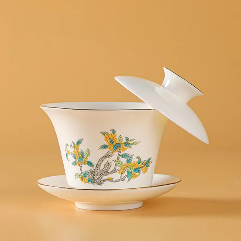 

White Jade Floral Pattern Kungfu Tea Cup Tea Tureen Office Master Cup Infuser Bowl Tea Set Tea Accessories