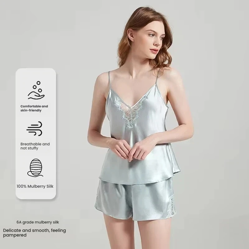 19MM 100% Mulberry Silk Pajamas Women Summer V Neck Lace Camisole Shorts Set Luxury Loungewear