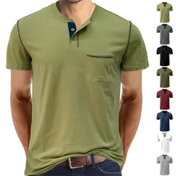 2023 New Summer Henley Collar T-Shirts Mens Short Sleeve Casual Men's Tops Tee Fashion Solid Cotton T Shirt for Men