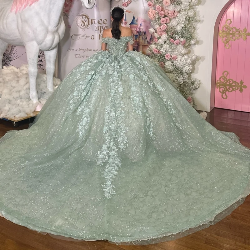 Mint Green Quinceanera Dresses Ball Gown Off The Shoulder Sequin Applique Flower Beading Crystal Tull Corset Sweet 16 Dress Vest