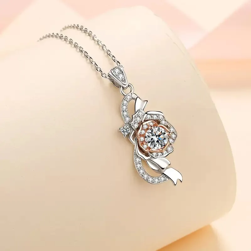 0.5CT D Color VVS1 Moissanite Rose Flower Pendant Necklace 925 Sterling Silver Pass Diamond Tester Fine Jewelry for Women Gift
