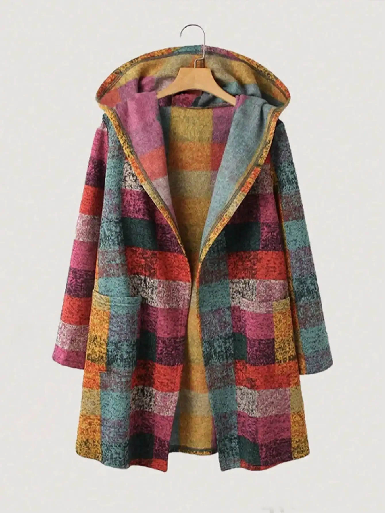 

Women's Hooded Plaid Cardigan Jacket with Pockets, Casual Autumn Winter Outerwear