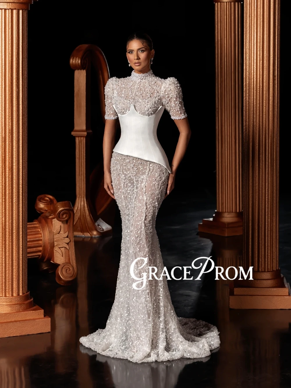

Luxury High Neck Sheer Beaded Wedding Dress Fashion Short Puff Sleeves Asymmetrical White Corset Fitted Mermaid Sexy Bridal Gown