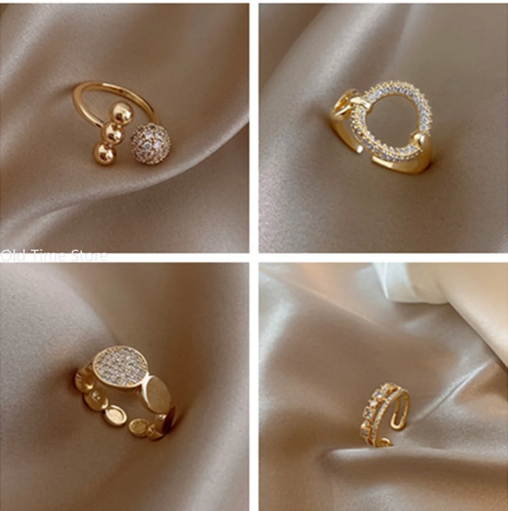 Exquisite Zircon Rings for Women Gold Color Couple Jewelry Aesthetic Accessorie Adjustable Punk Embossed Hollow Wide Rings