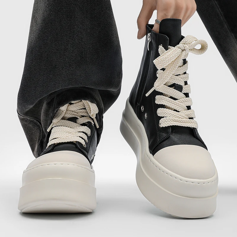 Men Thick Soled High Top Board Shoes with Lace Up Side Zipper American Style Men Boots with High-end Feel Men Short Boots