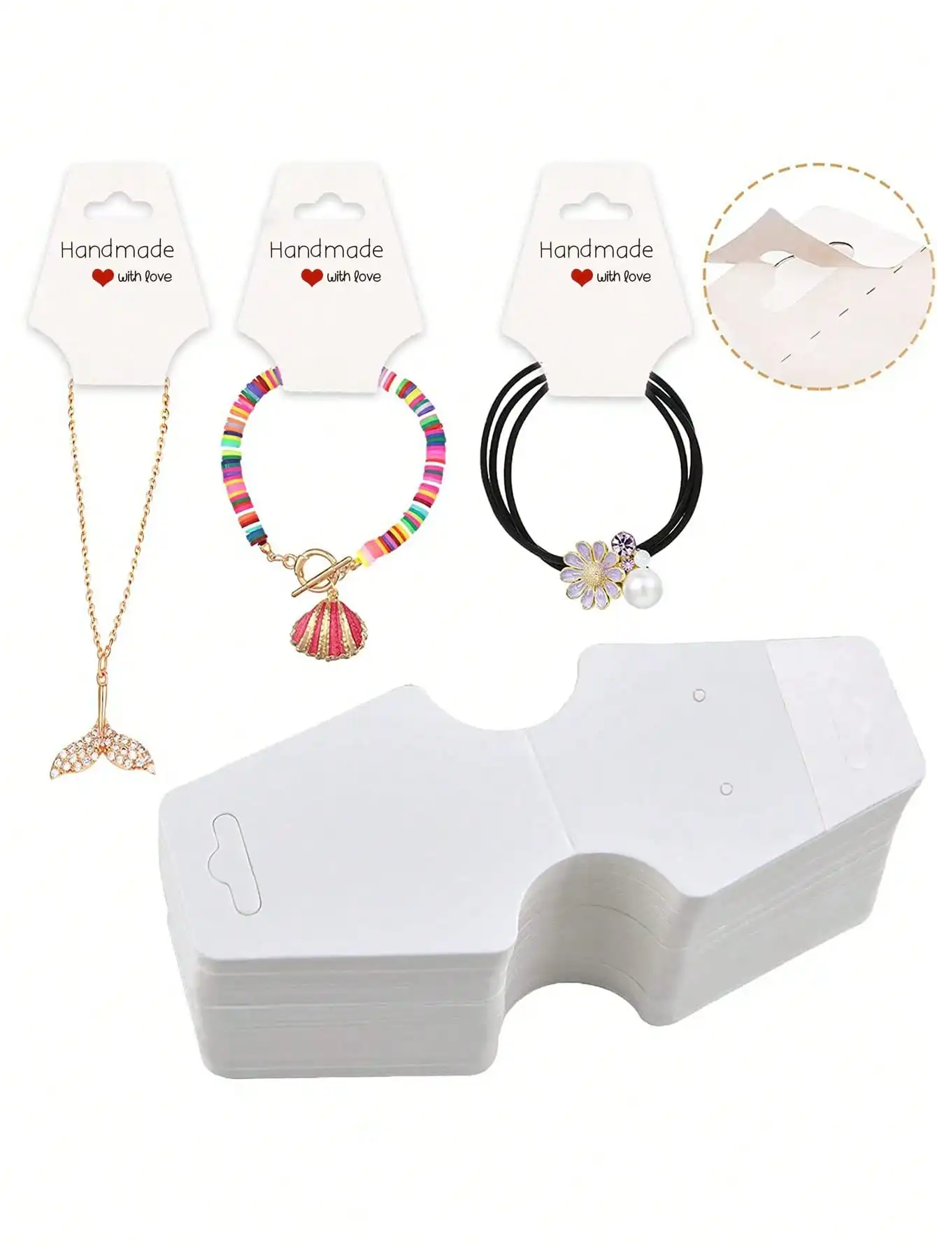 100 stuks stevige sieraden-displaykaarten, zelfklevend, geschikt voor kettingen, armbanden, sleutelhangers, oorbellen en haarbanden