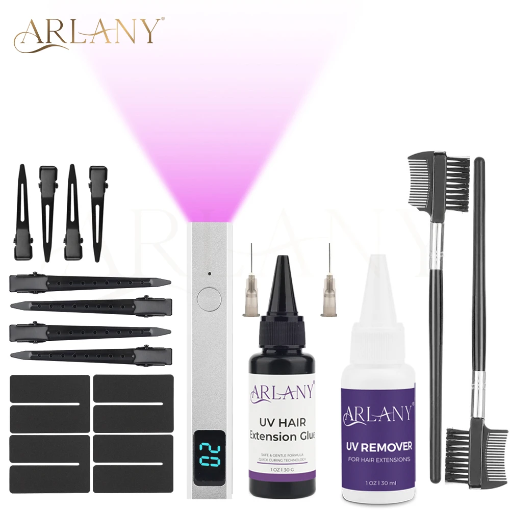 arlany-uv-hair-set-30g-uv-hair-glue-with-30ml-uv-glue-remover-8pcs-metal-hair-clips-anti-uv-shield-guards-uv-lamp-hair-extension