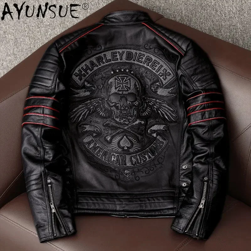 AYUNSUE Genuine Cow Leather Jacket Men Autumn Fashion Real Cowhide Coats Embroidery Short Jackets Motorcycle