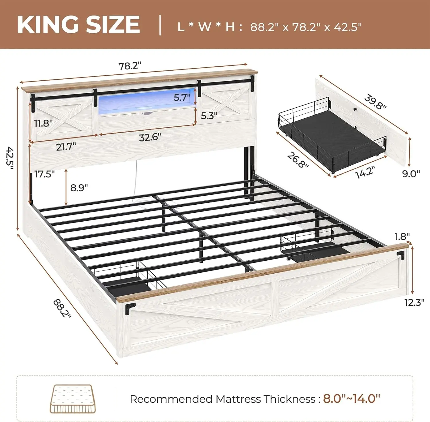 Farmhouse Bed Frame King Size with LED Lights and Charging Station, Wooden King Bed with 2 Storage Drawers, Rustic Headbo