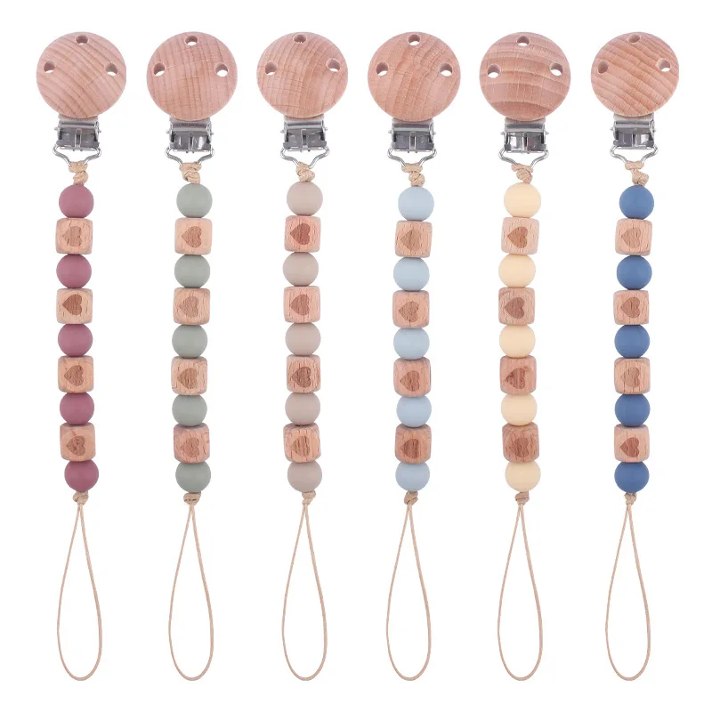 Silicone Bead Pacifier Chain Love Pattern Beech Wood Pacifier Clip Baby Soother Dummy Chain Clips Schnullerkette Baby Toy Strap