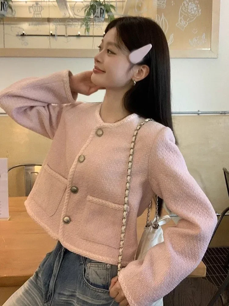 

Винтажные розовые милые твидовые куртки женские короткие пальто с круглым вырезом милые элегантные повседневные однобортные карманы с длинными рукавами в стиле ретро верхняя одежда