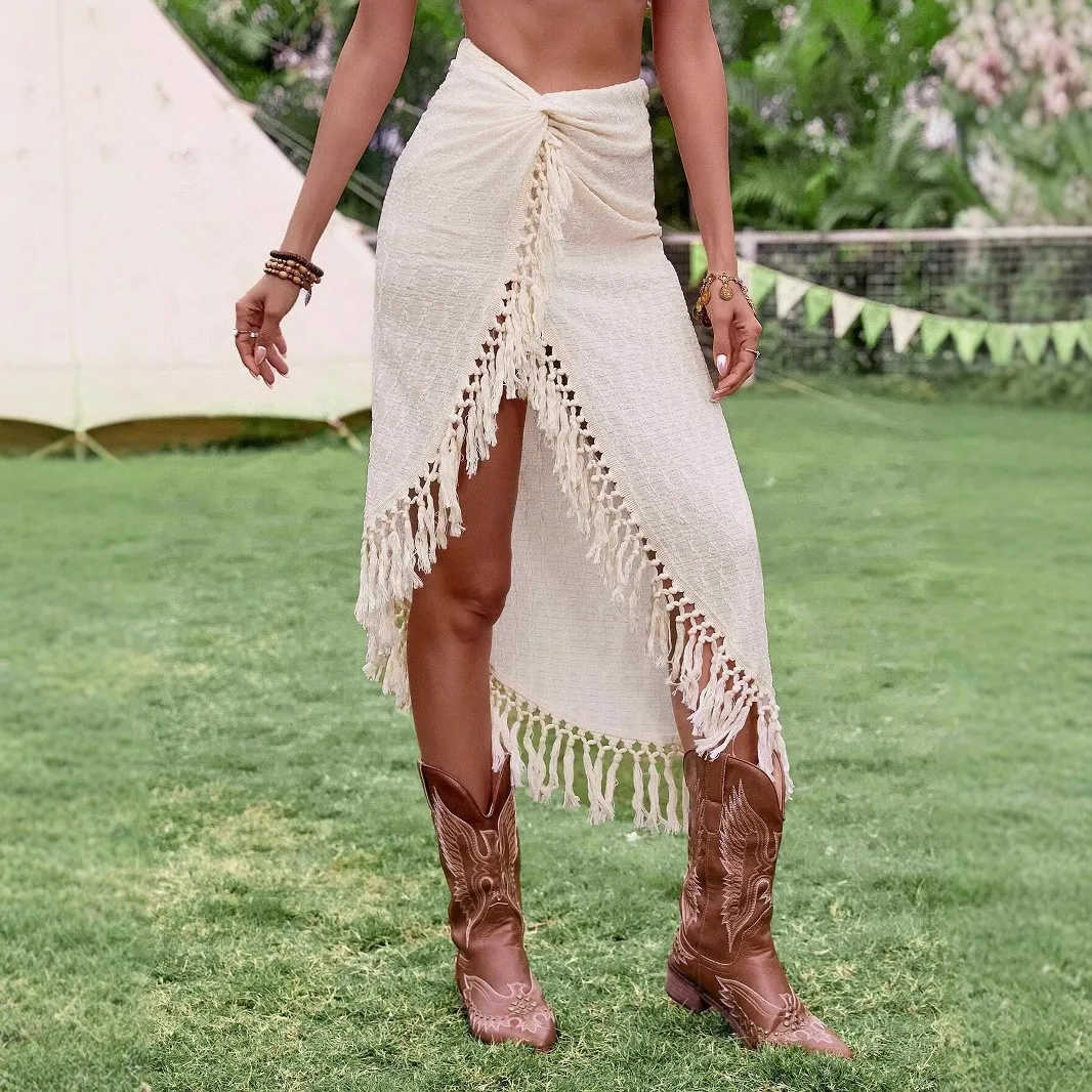 Y2k Women Long Midi Jacquard Skirts Wrap Fringe Elastic Waist Half Skirt Boho Knotted Waist Western Style Bottoms Vacation
