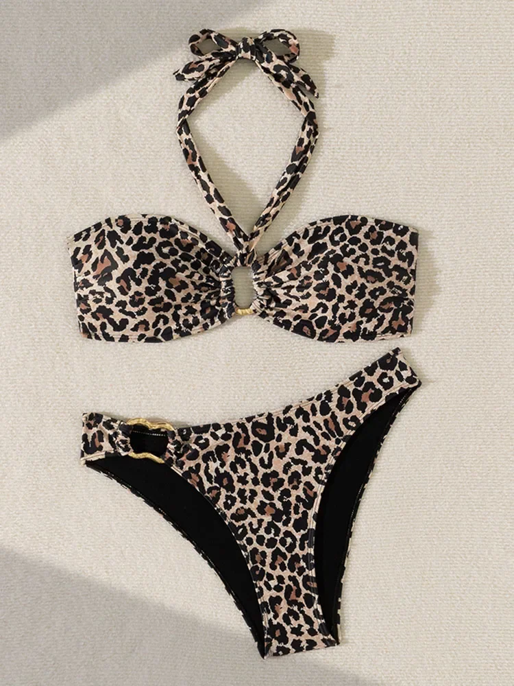 VigoBreviya 2025, sexy Leoparden-Bademode für Damen, gebunden, Neckholder, Push-Up-Bikini-Set, Damen-Strand-Badeanzug, hoher Schnitt, hohler Badeanzug